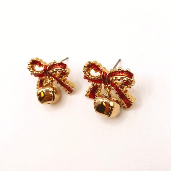 Vintage Red Enamel Bow Earrings with Dangling Bell - Picture 3 of 4